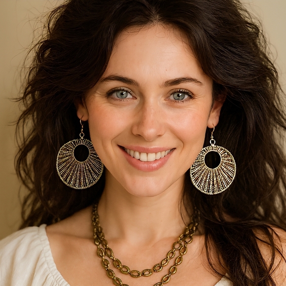 Handcrafted Artisan Indian Beaded Hoop Earrings Boho Chic Statement Jewelry - Picture 3 of 10